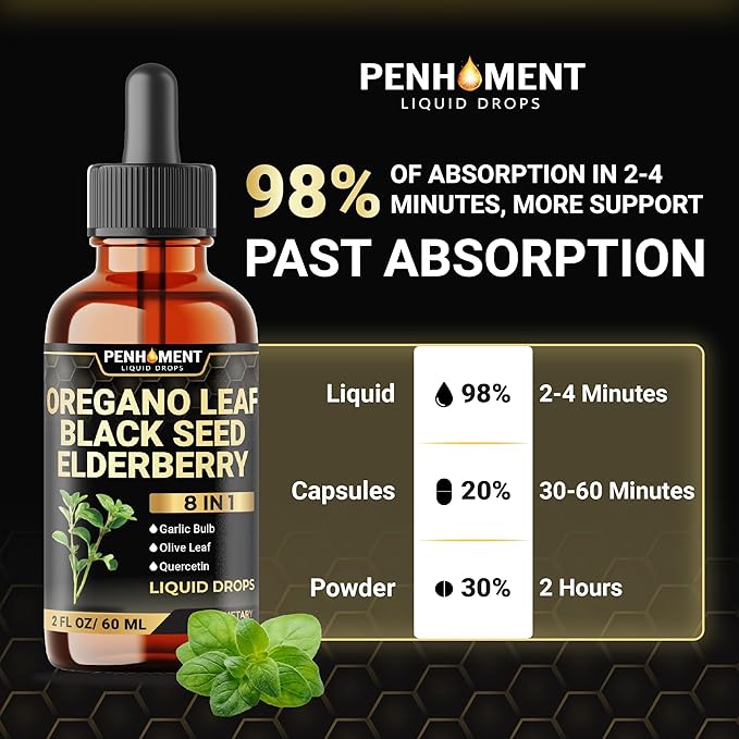 8in1 Oil of Oregano Drops with Black Seed Oil Liquid | Contains Carvacrol | Garlic, Elderberry, Olive Leaf, Quercetin, Bromelain - 2 Fl Oz