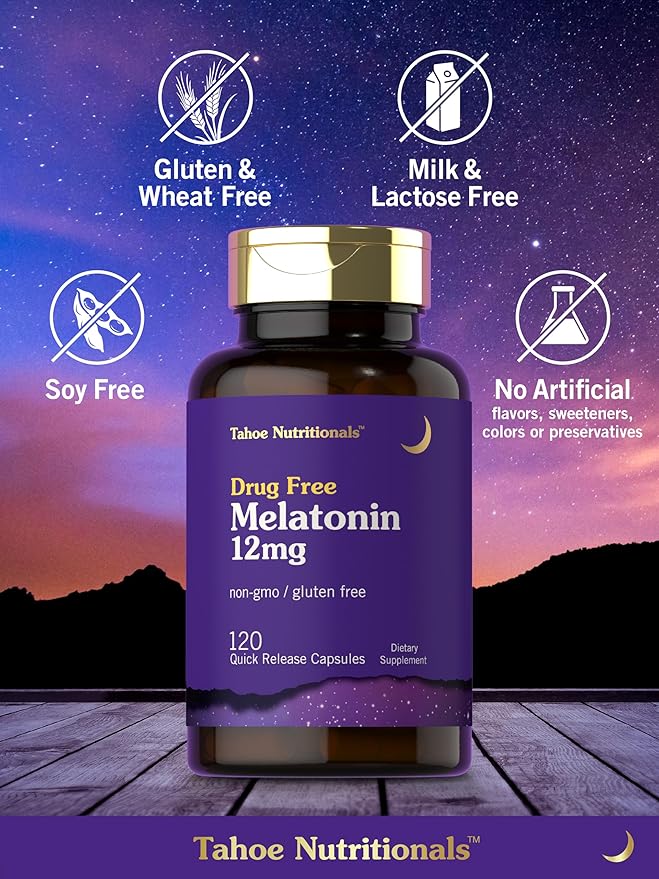 Tahoe Nutritionals Melatonin 12 mg | 120 Quick Release Capsules | Drug Free Supplement | Non-GMO, Gluten Free