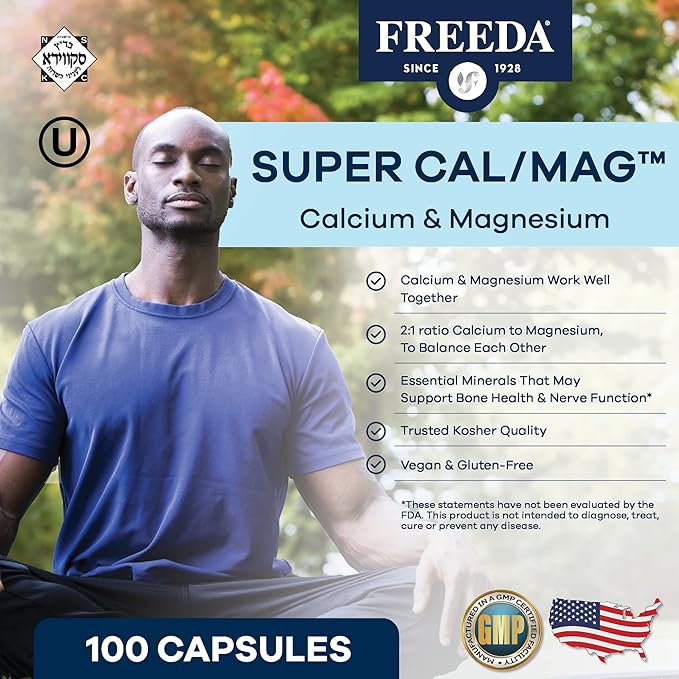 Freeda Super Cal/Mag – Kosher Vegan Bone Health Supplement – Supports Bone Strength, Nerve Function & Muscle Relaxation – Vegetarian Calcium Magnesium Capsules – Third-Party Tested – 250 Capsules