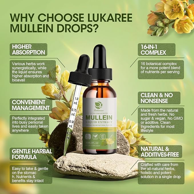Mullein Drops for Lungs, Lung Detox & Cleanse, Vegan Mullein Leaf Extract Tincture with Chlorophyll Elderberry, etc, Natural Herbal Supplement for Respiratory, Immune, 30 Servings