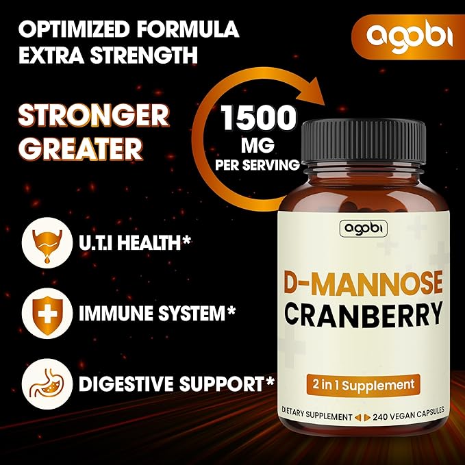 agobi D-Mannose 1300mg with Cranberry 200mg Supplement - 60 Capsules - Support for UTI Health, Immune System & Body Management - Gluten-Free, Non-GMO