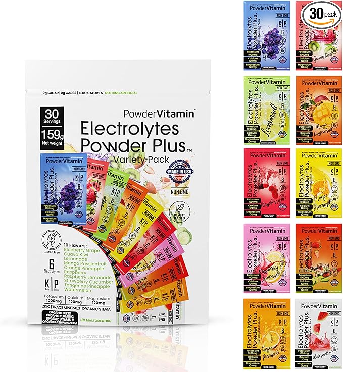 Electrolytes Powder Plus Keto, Variety Pack, Zero Sugar, 1000mg Potassium, 120mg Calcium, 120mg Magnesium, Non-GMO, Zero Calories, 30 Hydration Packets