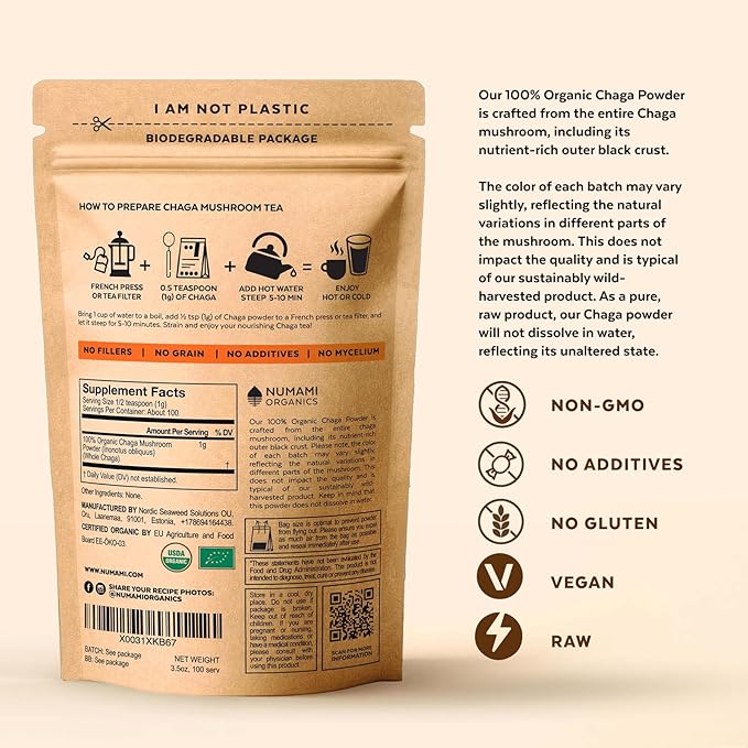 Organic Chaga Mushrooms Powder - Fine Powder to Make Chaga Tea for Immune Defense and More Energy, Organic Chaga is Wild Grown and Sustainably Harvested in Europe, Certified USDA Organic, 100 servings