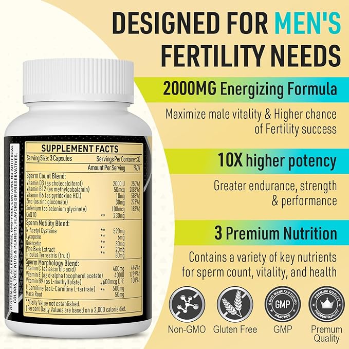 Fertility Supplements for Men, Male Fertility Supplement - Optimal Sperm Count, Motility and Strength, 2000MG Mens Prenatal Vitamins with CoQ10 Maca Root, Zin, NAC &Folate for Conception - 90 Capsules