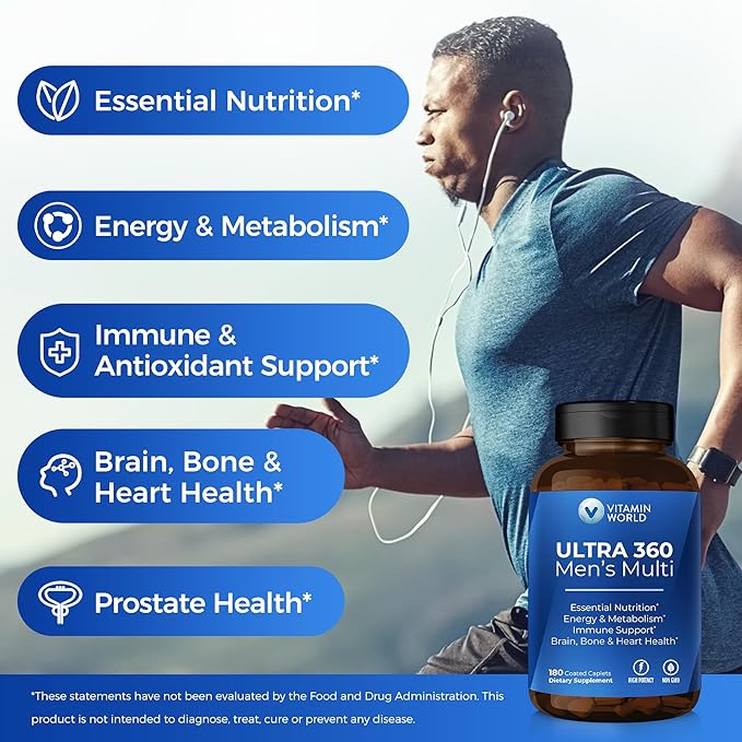 Vitamin World Ultra 360 Multivitamin for Men, Men's Multivitamin with Herbs & Antioxidants for Energy & Performance, Supplement with Vitamin A, C, D, E, B12 & Zinc for Immune Support, 180 Caplets
