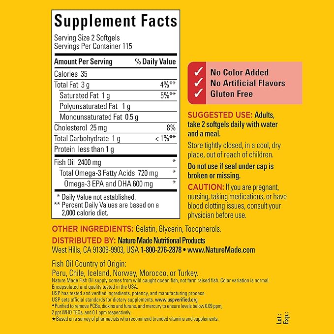 Nature Made Fish Oil Omega 3 Supplements, 1200 mg Softgels, Omega 3 Fish Oil for Healthy Heart Support, 230 Softgels, 115 Day Supply