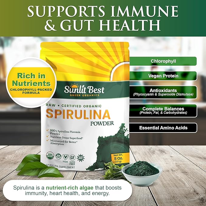 Sunlit Best Spirulina Powder Organic USDA - Chlorophyll, Fast Absorption, Blue-Green Spirulina Algae, Raw Vegan Protein - Non-GMO, Gluten Free Superfood Energy, Gut, Immune Support Supplement - 8 Oz
