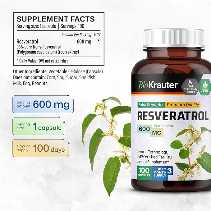 BIO KRAUTER Resveratrol Supplement Capsules 600 mg - 100 Count - Natural Antioxidant Source - 98% Pure Trans Resveratrol Powder - Vegan