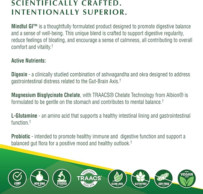 Health Thru Nutrition Mindful GI - Healthy Mind & Gut Complex | with Digexin, Magnesium, L-Glutamine, and Probiotic for Gut-Brain Axis Support | Regularity, Bloating, Calmness Supplement
