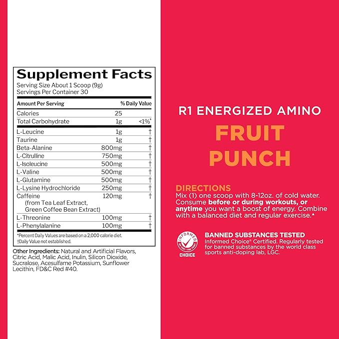 Rule 1 Energized Amino – Anytime Energy and Recovery Support with BCAAs, Glutamine, Citrulline, Beta Alanine, and Caffeine from Green Coffee & Tea Leaf Extracts (30 Servings, Fruit Punch)