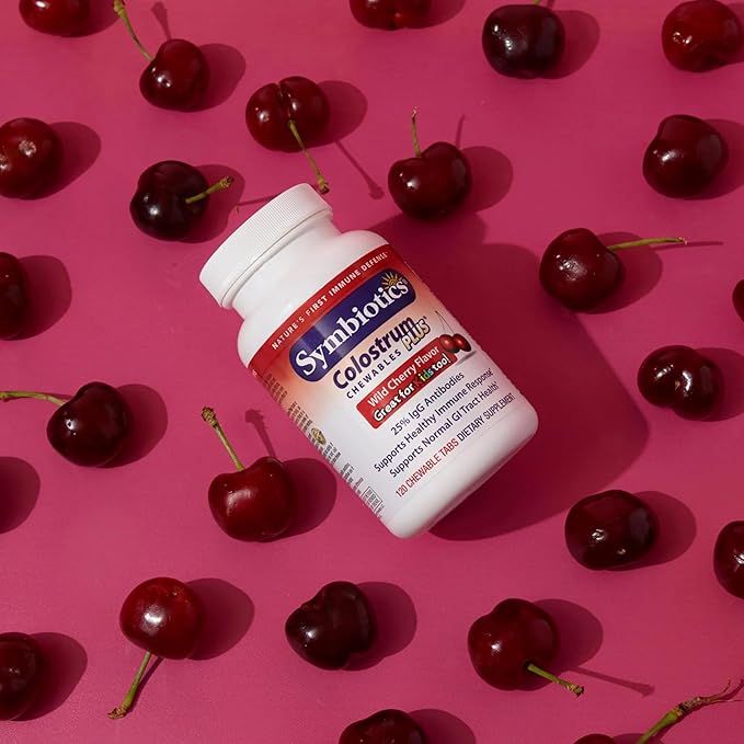 Symbiotics Colostrum 120ct Chewables Plus - Immunity Support for Adult & Kids - Lactoferrin Supplement & Colostrum Protein - Supports Digestion & Gut - 25% lgG Antibodies, Gluten Free - Wild Cherry