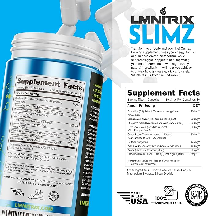 SLIMZ Fat Burner & Mood Enhancer - Diet Pills That Work - Weight Loss Supplement - Lose Weight, Get Rid of Stress and Take Control of Your Wellness Journey - 90 Capsules