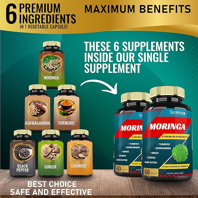 2 Packs Moringa Capsules, 4 Months Supply with Turmeric, Ashwagandha, Ginger, Licorice, Black Pepper | Immune Support, Energy Booster | Oleifera Leaf Herb Supplements
