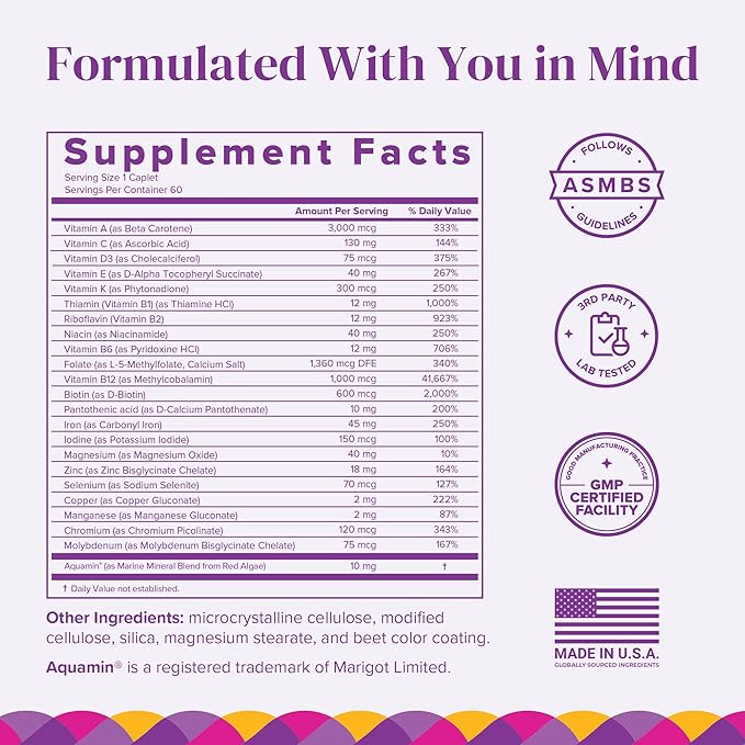 BariMelts Once Daily Bariatric Multivitamin with Iron, 60 Easy-Swallow Caplets (2-Month Supply), Multivitamin for Women, Multimineral Complex, Supports Nutrition After Bariatric Surgery