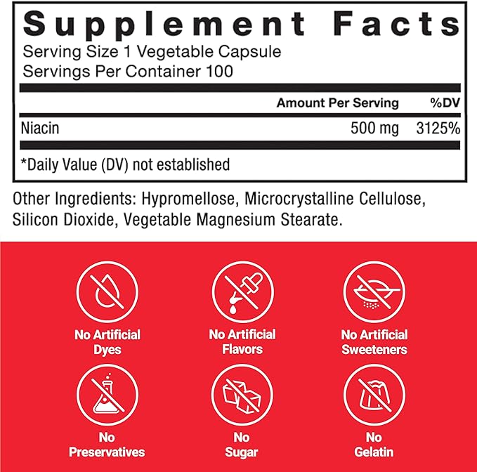 FORCE FACTOR Niacin Vitamin B3 to Support Cellular Energy and Cardiovascular Health, Niacin 500mg Heart-Health Supplement, Vegan, No Gelatin, Non-GMO, 100 Vegetable Capsules