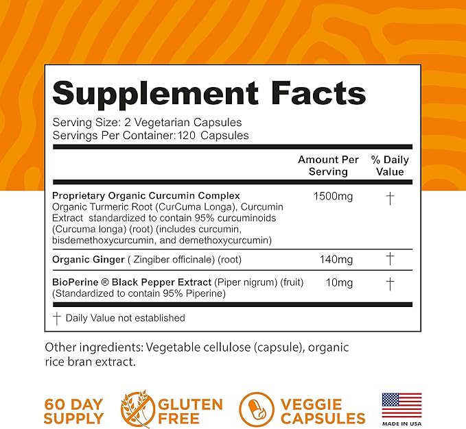 Turmeric Curcumin with BioPerine Black Pepper and Ginger - Made in USA - 120 Vegetarian Capsules for Advanced Absorption, Joints Support