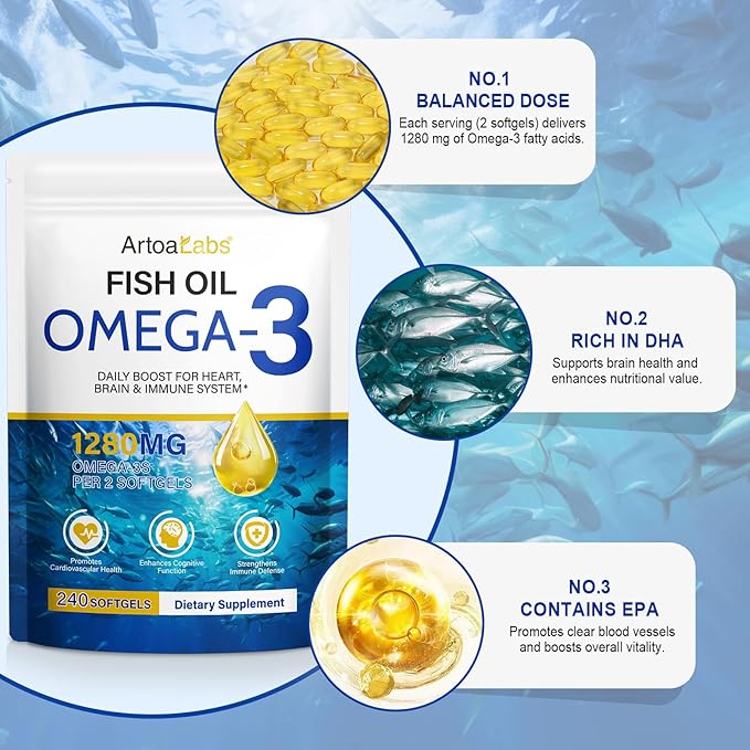 Fish Oil Softgels,Fish Oil Omega 3 Supplements Fatty Acids Including EPA and DHA for Women Men,240 Softgels