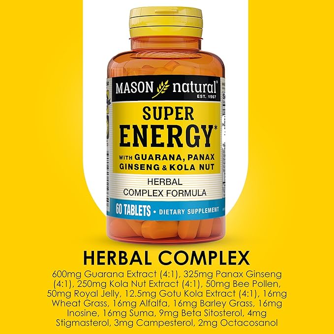 MASON NATURAL Super Energy with Guarana, Panax Ginseng & Kola Nut - Herbal Complex Formula to Support Optimal Performance & Energy*, 60 Tablets