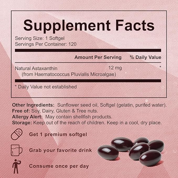 Astaxanthin 12mg, Organic Astaxanthin Antioxidant Supplements For Tanning, Skin, Eye, Joint Health, 120 Softgels