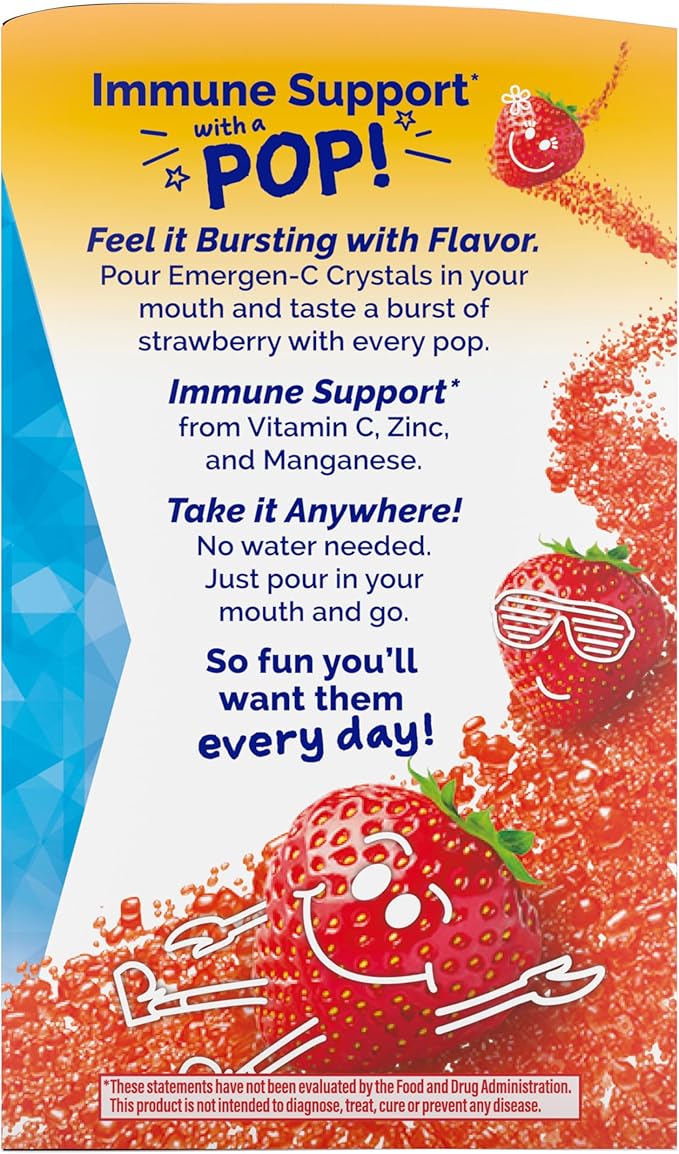 Emergen-C Kidz Crystals, On-the-Go Emergen-C Immune Support Supplement with Vitamin C, B Vitamins, Zinc and Manganese, Sparkly Strawberry - 56 Stick Packs