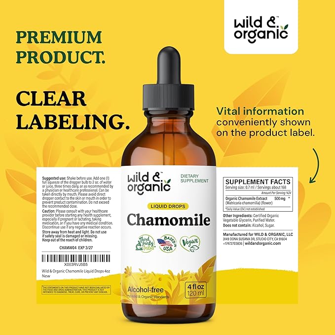 Wild & Organic Chamomile Flowers Tincture - Calming Supplement for Relaxation - Chamomile Extract Liquid Drops - Vegan, Sugar & Alcohol-Free - 4 fl oz