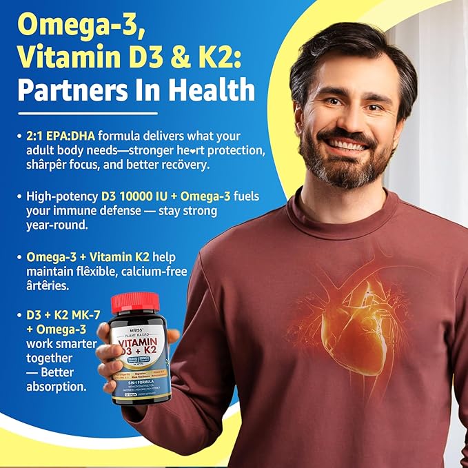 Vitamin D3 K2 -Vitamin D3 10000iu & K2 (Mk-7) 200mcg, Magnesium, Omega 3, Methyl B12, MCT Oil for Optimal Absorption, D3K2 Vitamin & Magnesium Supplement for Bone, Muscle, Immune Health, 240 Softgels
