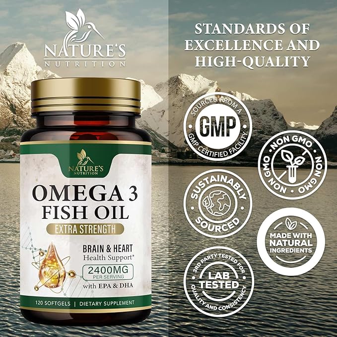 Triple Strength Omega 3 Fish Oil Supplement, EPA & DHA Fish Oil Omega 3 Essential Fatty Acids Supplement Softgels, 2400mg Brain & Heart Health Support Supplements - Gluten Free, Non-GMO, 120 Softgels