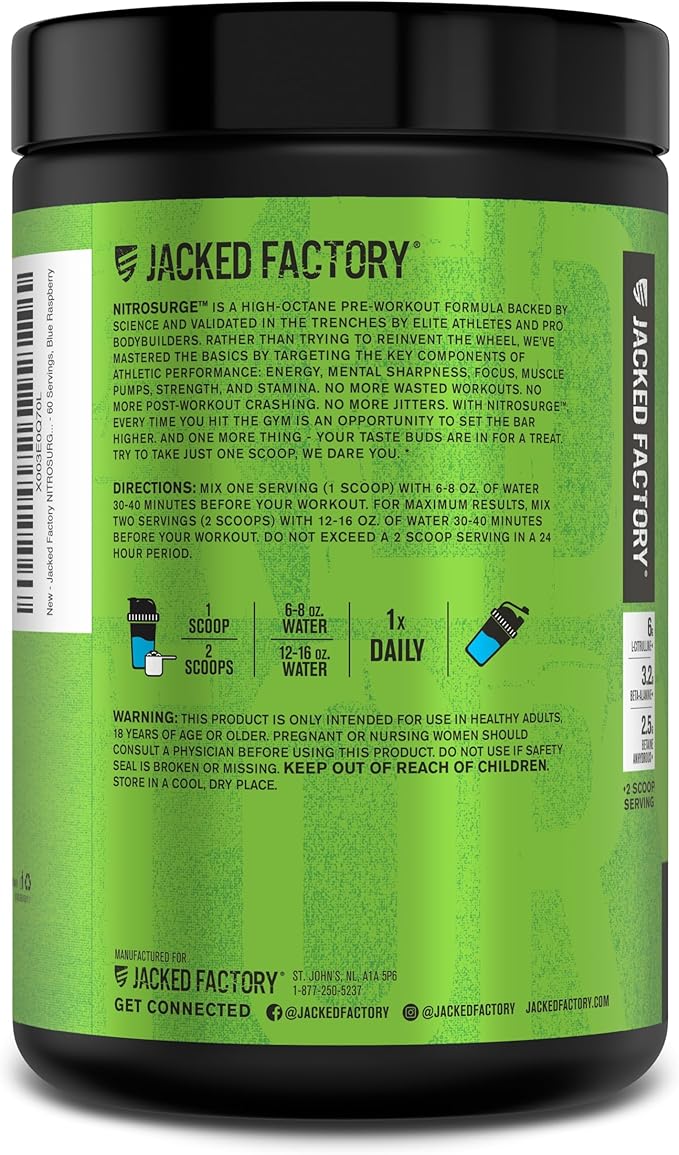 Jacked Factory NITROSURGE Pre Workout Supplement - Energy Booster, Instant Strength Gains, Clear Focus, & Intense Pumps - NO Booster & Powerful Preworkout Energy Powder - 60 Servings, Blue Raspberry