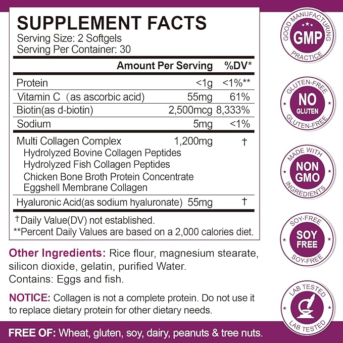 Multi Collagen Peptides Softgel for Women & Men - Type I, II, III, V, X - Hydrolyzed Collagen Peptides with Biotin, Vitamin C & Hyaluronic Acid - Support Skin Hair Nail & Joint - Non GMO, 120 Softgel