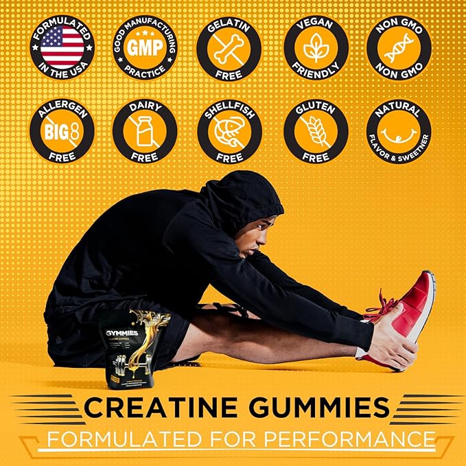 Creatine Monohydrate Gummies - Muscle Growth, Performance, Endurance - 5 Gram Creatine per Serving - Vegan, Non-GMO, Gluten-Free, Made in USA - 90ct - Lemon Flavor