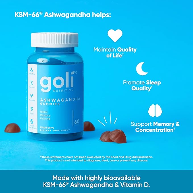 Goli Ashwagandha & Vitamin D Gummy - 180 Count - Mixed Berry, KSM-66, Vegan, Plant Based, Non-GMO, Gluten-Free & Gelatin Free Relax. Restore. Unwind, Pack of 3