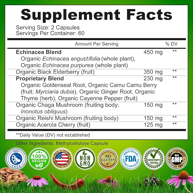 Echinacea Goldenseal Capsules - 10 in 1 Immune Support Supplement - 1455mg - Vegan Echinacea Capsules Supplement Made With Organic Whole Foods - Herbal Immune System Support - 2 Month Supply