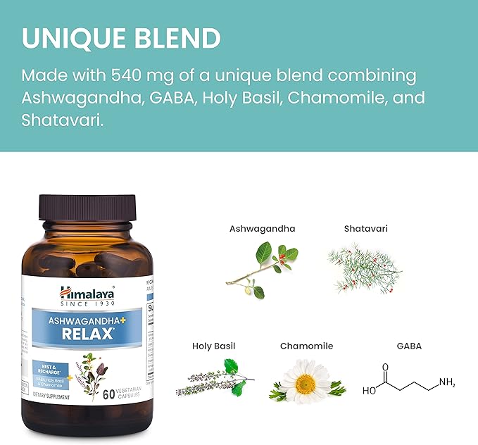 Himalaya Ashwagandha+ Relax, with GABA, Holy Basil & Chamomile for Reset, Relaxation & Stress Relief, Vegan, Gluten Free, 540 mg, 60 Vegetarian Capsules, 1 Month Supply