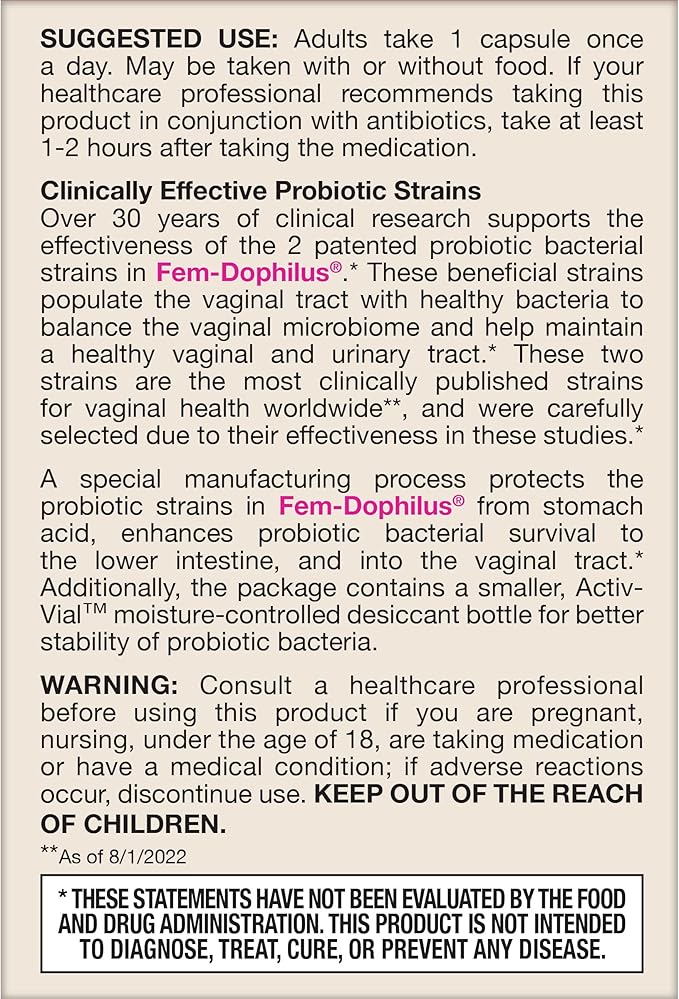 Jarrow Formulas Fem-Dophilus Probiotics 1 Billion CFU With 2 Science-Backed Strains, Dietary Supplement for Vaginal and Urinary Tract Support, 30 Veggie Capsules, Up to a 30 Day Supply, Shelf-Stable
