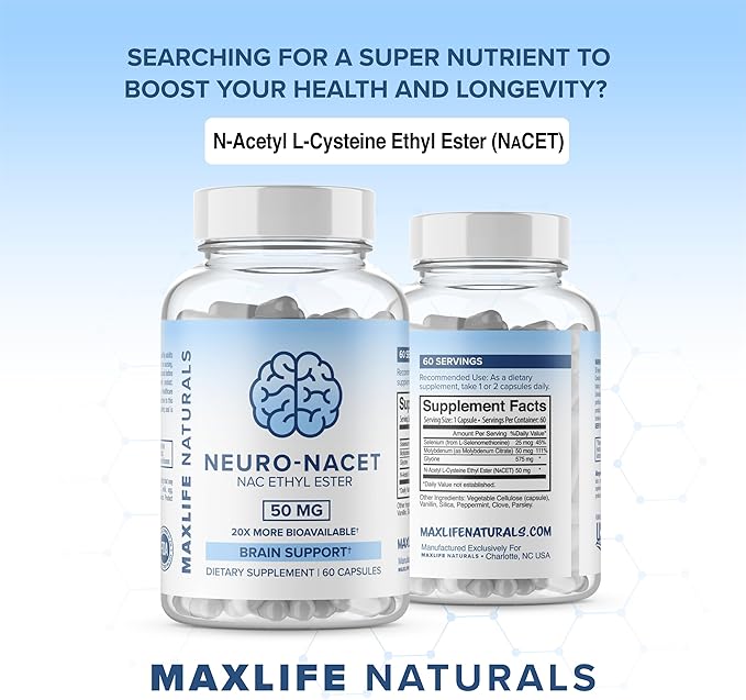 Neuro NACET - N-Acetyl Cysteine Ethyl Ester - 20x More Bioavailable Than NAC 1000mg - 10x Higher Glutathione Boost Over Liposomal Glutathione - NAC Ethyl Ester with Glycine, Selenium, Brain Support
