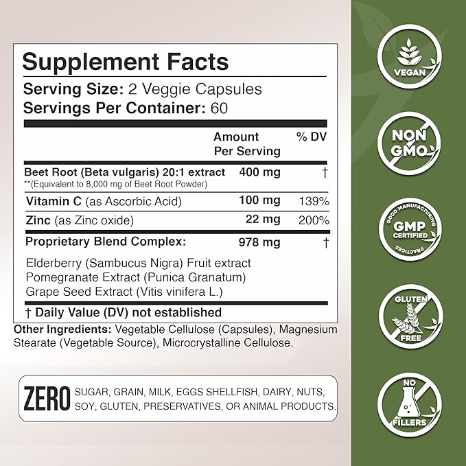 Gade Nutrition Beet Root Capsules Concentrated | Extra Strength Beetroot Extract Formula | Elderberry with Vitamin C and Zinc, Pomegranate, Grape Seed |Made in USA