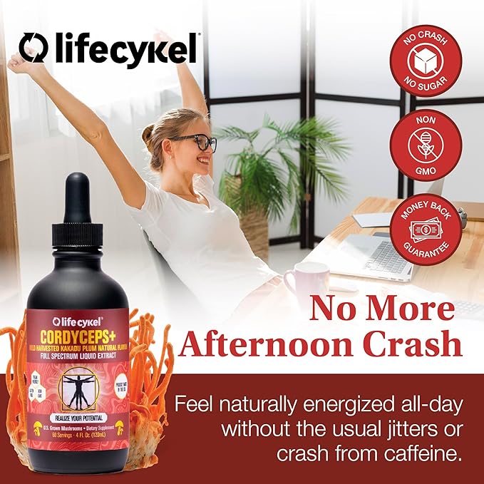 Lifecykel Cordyceps Mushroom Extract w/Kakadu Plum- Natural Energy Supplement for Fatigue & Stamina- Mycelium Vitamin C Antioxidants Non-GMO Organic Mushrooms Made in US, 2 Fl oz (Packaging May Vary)