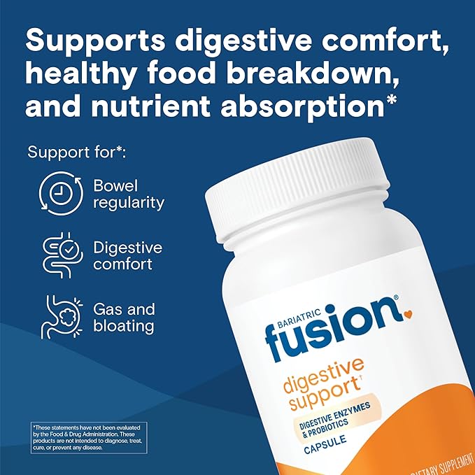 Bariatric Fusion Digestive Support: Digestive Enzymes with Probiotics | Vegan Supplement | Probiotics for Digestive Health and Gut Health Support | Gluten, Dairy & GMO Free | 60 Capsules