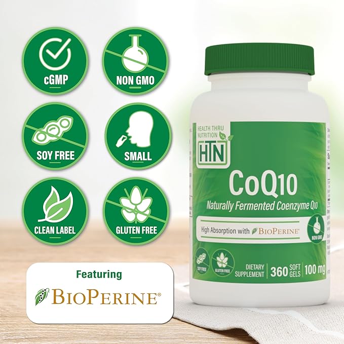 Health Thru Nutrition CoQ-10 100mg with BioPerine 360 Softgels | High Absorption Naturally Fermented USP Grade Coenzyme Q10 Supplement | 3rd Party Tested | Heart Health and Energy Support