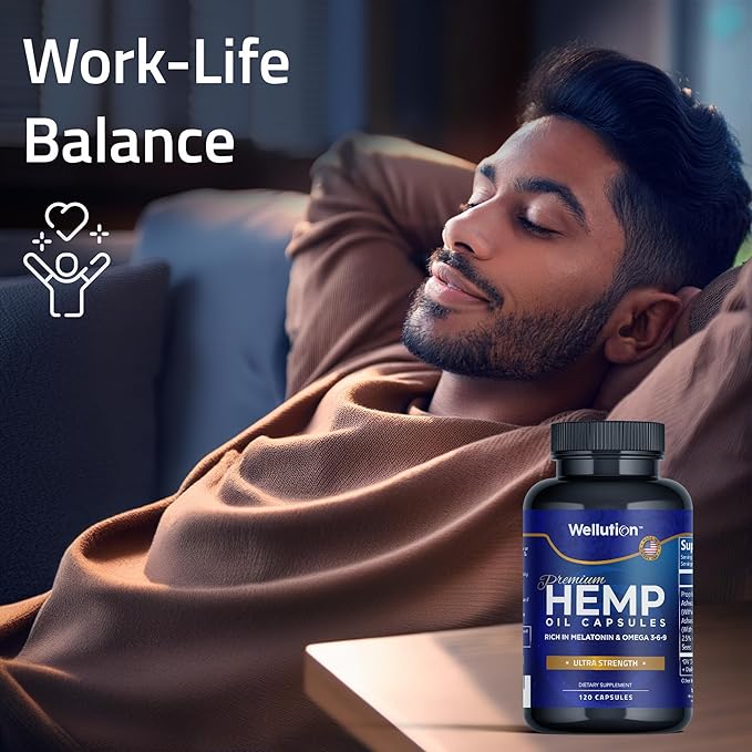 WELLUTION Hemp Oil Capsules - 120 Count - Stress & Sleep Support with Ashwagandha & Melatonin - Made in USA