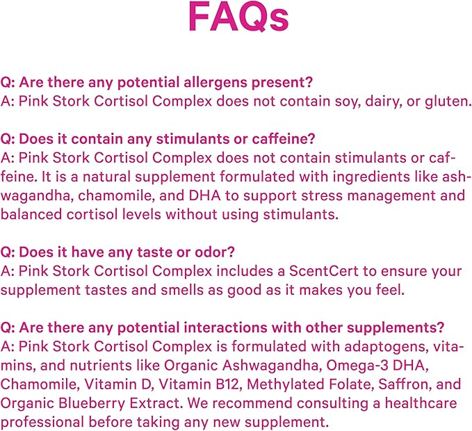 Pink Stork Cortisol Complex - Organic Ashwagandha, Omega 3 DHA, Saffron - Mood Balance, Stress Management, Energy Levels for Women - 60 Count