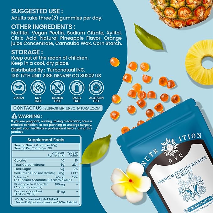 Organic Natural Sourcing Premium Feminine PH Balance Gummies for Women's Health, Immune Support, Hawaiian Pineapple Flavor Gluten-Free, Vegan Premium Feminine Balance Gummies For women-60 Prebiotics