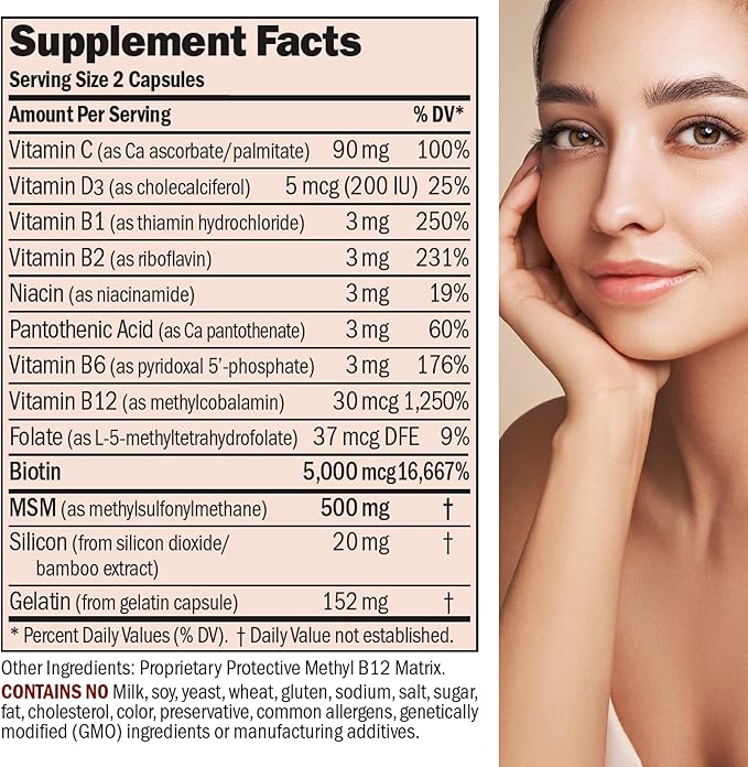 ANDREW LESSMAN Healthy Hair, Skin and Nails 240 Capsules - 5000 mcg High Bioactivity Biotin, B-Complex. Promotes Beautiful Skin, Strong Nails. No Additives Hair Growth Vitamins Biotin Supplement