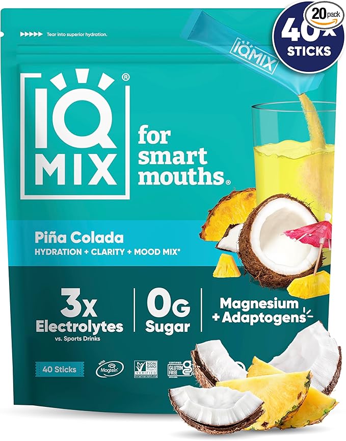 IQMIX Hydration Electrolyte Powder – 4-in-1 Formula for Hydration, Mental Clarity, Mood and Recovery – Sugar-Free Drink Mix, Keto, Magnesium L-Threonate, Lion’s Mane – 40 Count Piña Colada