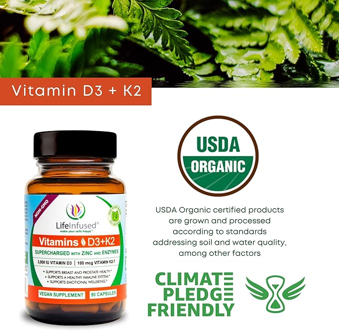 Life Infused Vitamin D3 + K2 Supercharged with Zinc and Enzymes, Help Maintain Healthy Immune System, Bone Health, Emotional Wellbeing, 90 Capsules.