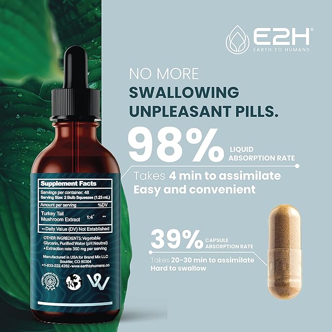 Turkey Tail Mushroom Extract - Faster Absorption Than Turkey Tail Mushroom Capsules or Powder - All-Natural Immune System & Digestive Support- Real Mushrooms Turkey Tail - 2 Fl Oz by E2H