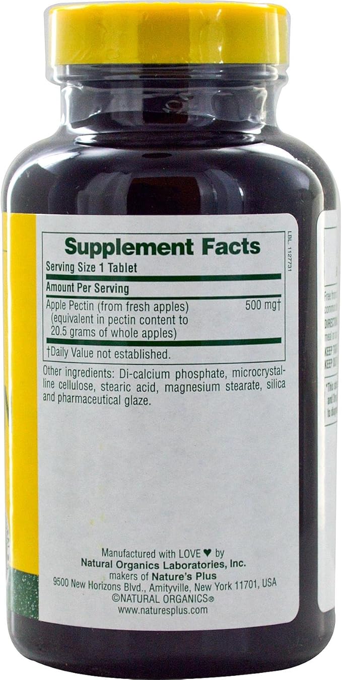 NaturesPlus Apple Pectin - 500 mg, 180 Tablets - Natural Fiber Supplement - Vegetarian, Gluten Free - 180 Servings