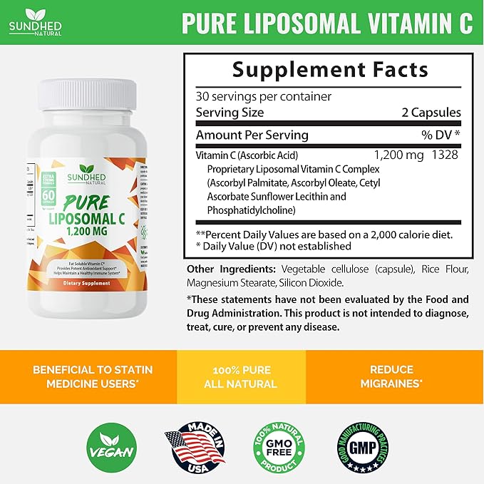 Pure Liposomal Vitamin C - 1200mg Immune System & Collagen Health Booster, Helps Anti Aging Skin Vitamins, Sodium Ascorbate, Sunflower Lecithin, Lypo Spheric - 60 Capsules