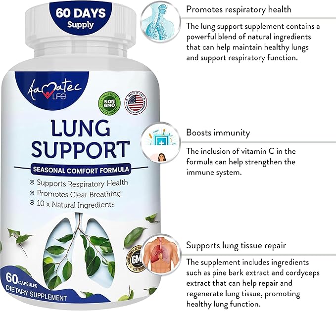 Lung Support Dietary Supplements Herbal Breathing Support 10 Active Ingredients Original Formula for Lung Health Lung Cleanse Formula Supplement for Bronchial System 60 Capsules Non GMO