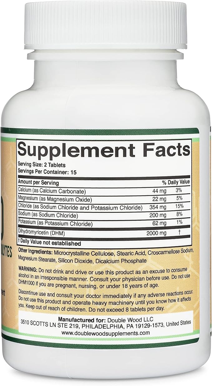 DHM1000 Dihydromyricetin (DHM) Tablets - Most Powerful DHM Supplement on The Market - 1,000mg (30 Count) Enhanced with Electrolytes for Hydration and Liver Support by Double Wood